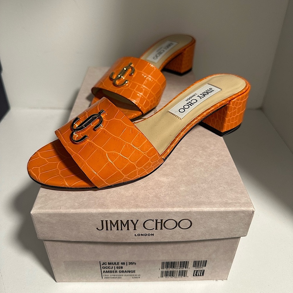Jimmy Choo Amber Orange Croc-Embossed Slide Sandals